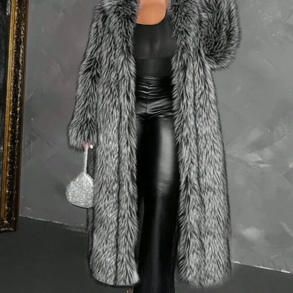 Black And White Preppy Women's Faux Fur Long Coat